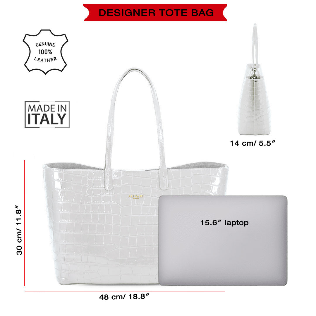 Maxima Croco Tote, laptop tote in white croc-embossed Italian leather – size guide: 48 × 30 × 14 cm, fits a 15.6" laptop