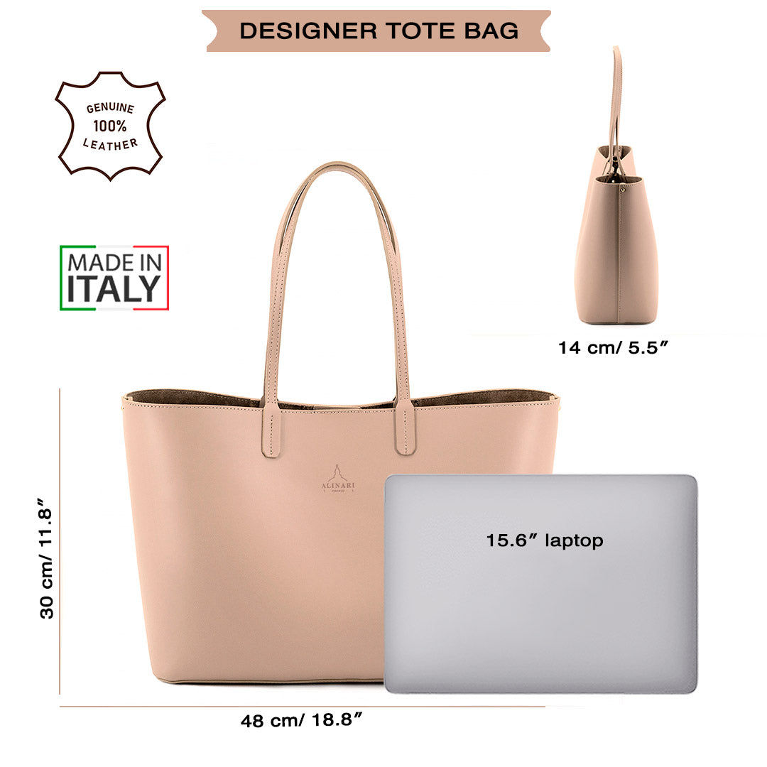 Maxima Tote, laptop tote in beige smooth Italian leather – size guide: 48 × 30 × 14 cm, fits a 15.6" laptop