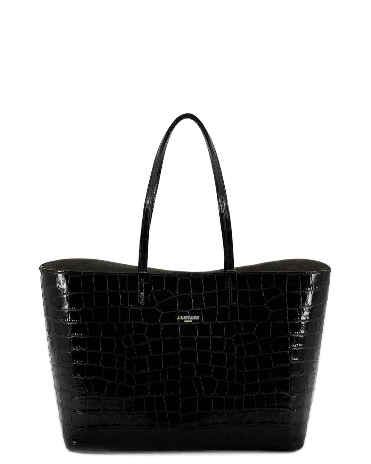 Maxima Croco Tote, cabas pour ordinateur en cuir italien embossé croco noir – vue de face – Made in Italy