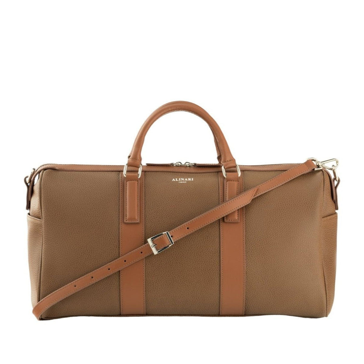 Milano, travel bag in brown deer-print Italian calfskin – front view with shoulder strap