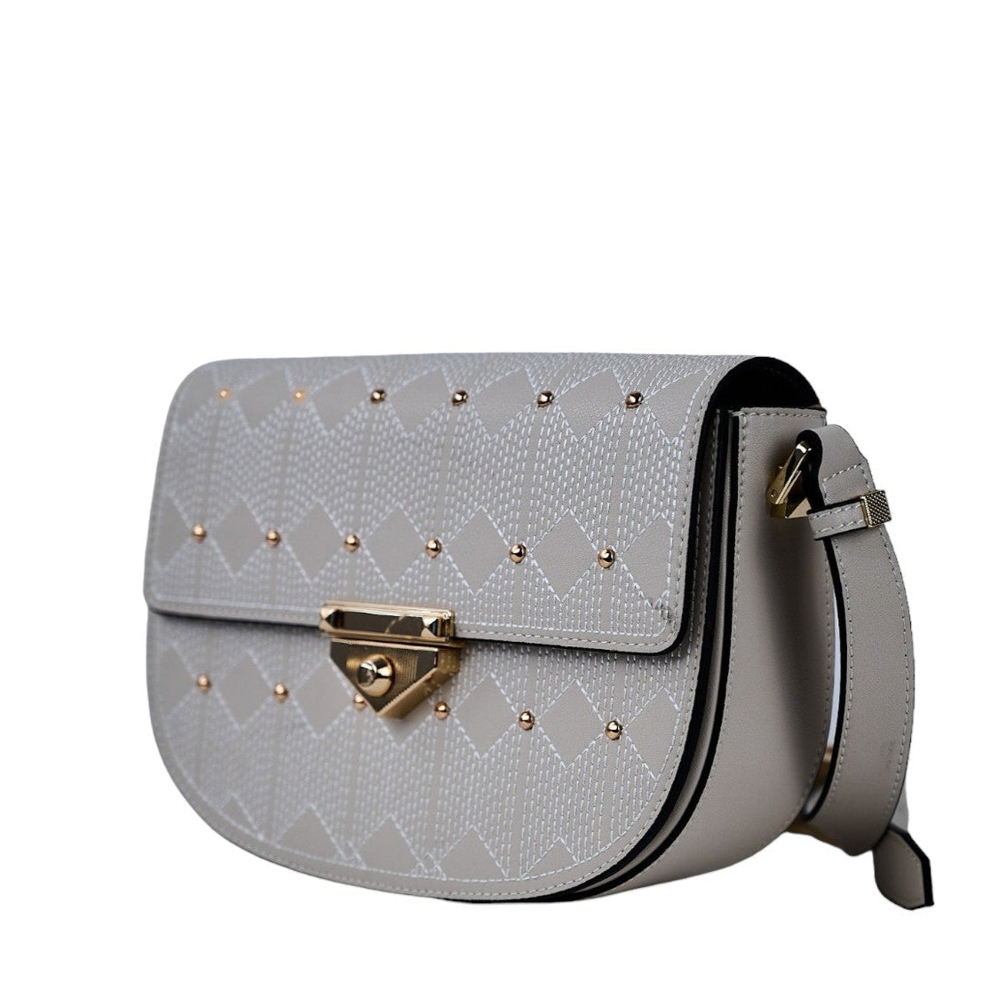 Naelie, crossbody bag in white diamond-quilted Italian leather with gold studs – three-quarter view