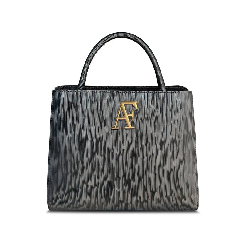 Navona, top-handle bag in black textured Italian leather – front view