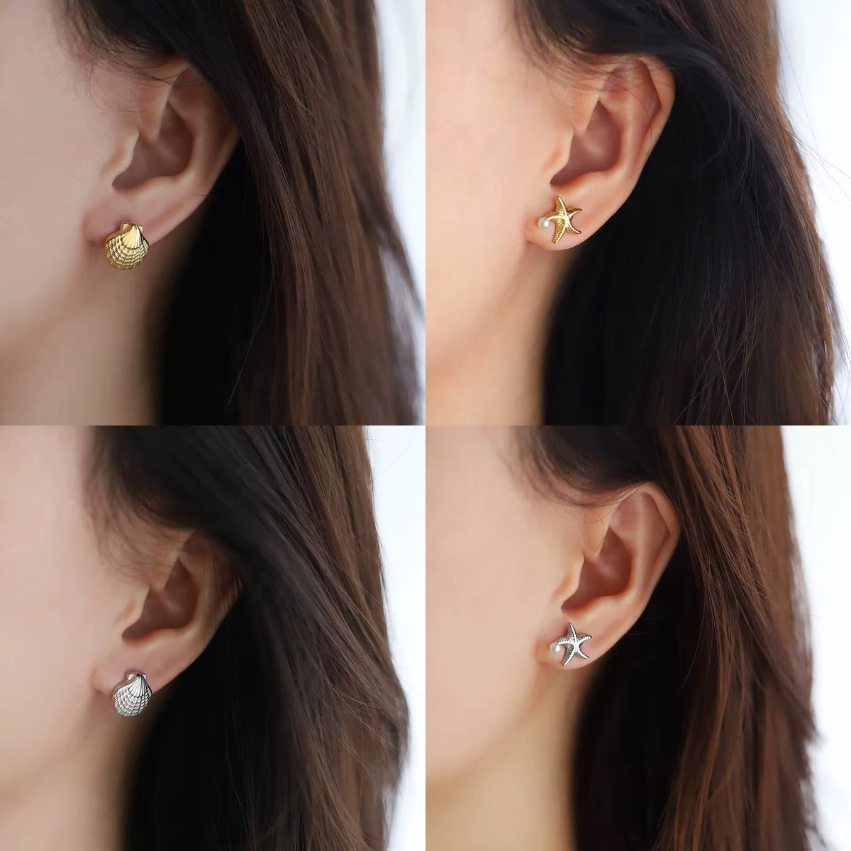 Sea Star and Shell, stud earrings in gold and silver pearl-accent – styled view 4 – Alinari Firenze