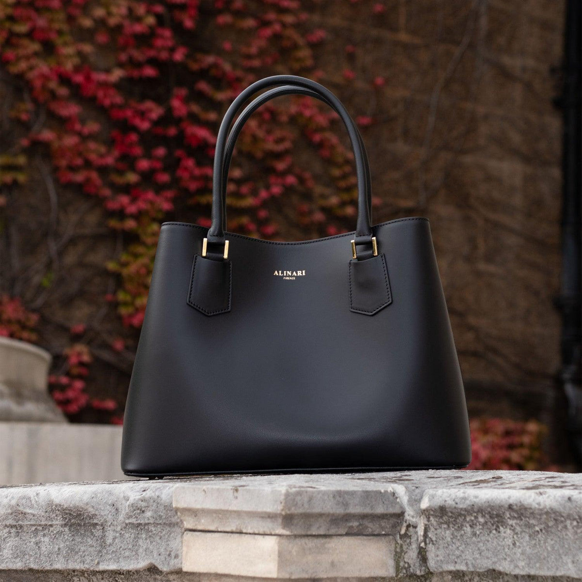 Trastevere Tote, tote bag in black Italian Ruga leather – styled photo