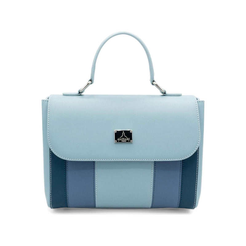 Trevi, top-handle handbag in light blue Italian Ruga leather with striped panels – front view – Made in Italy