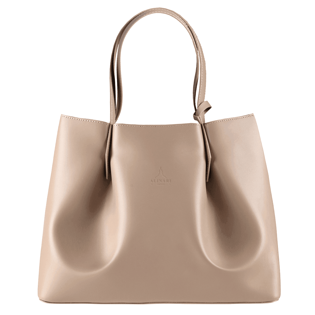 Viviene Tote, slim tote in taupe Italian Ruga leather – front view