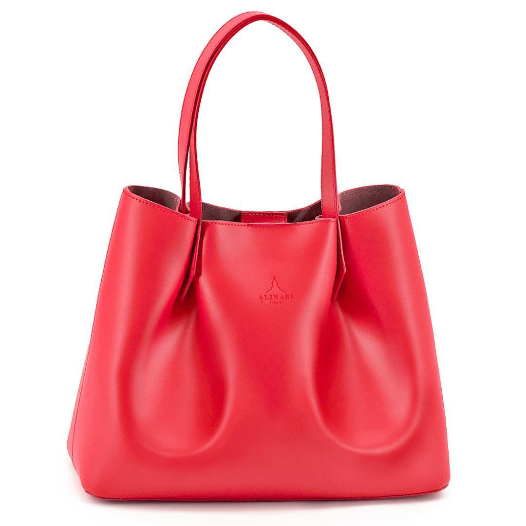 Viviene Tote, slim tote in red Italian Ruga leather – front view