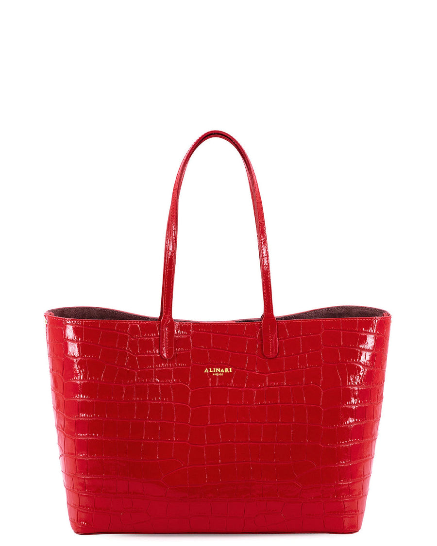 Maxima Croco Tote in red croc-embossed Italian leather, front view – handmade in Florence, Italy – Alinari Firenze