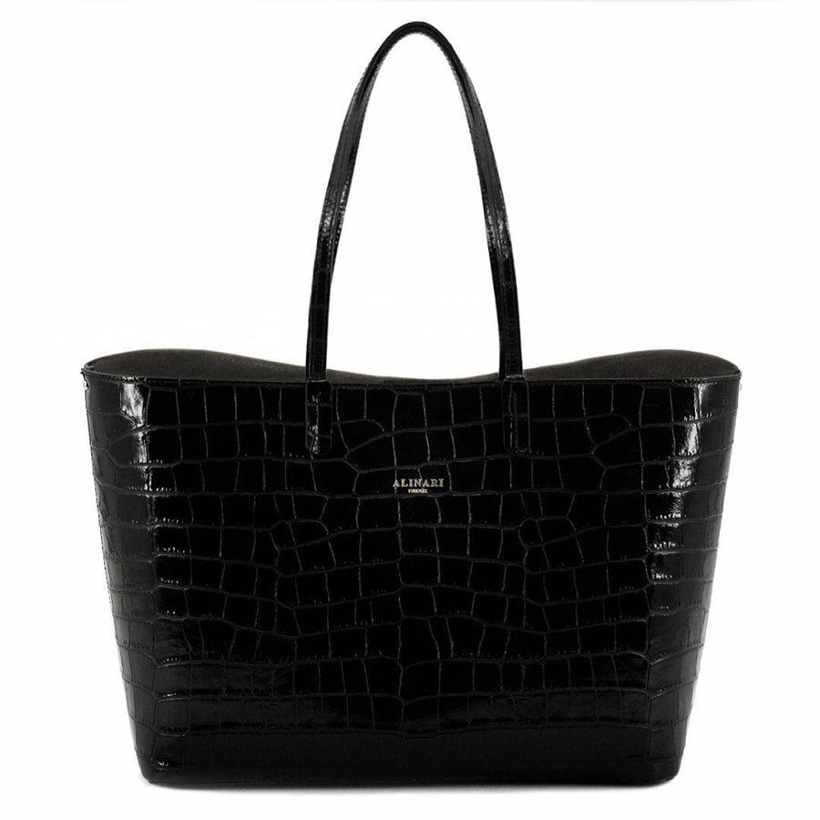Maxima Croco Tote in black croc-embossed Italian leather, a tote that fits a 15.6-inch laptop – Alinari Firenze