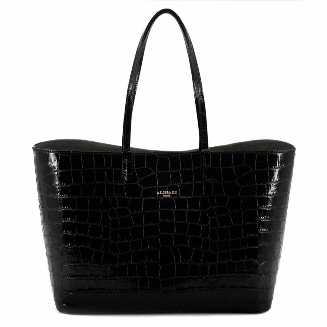 Black Friday leather bags – Maxima Croco Tote in black croc-embossed Italian leather – Alinari Firenze