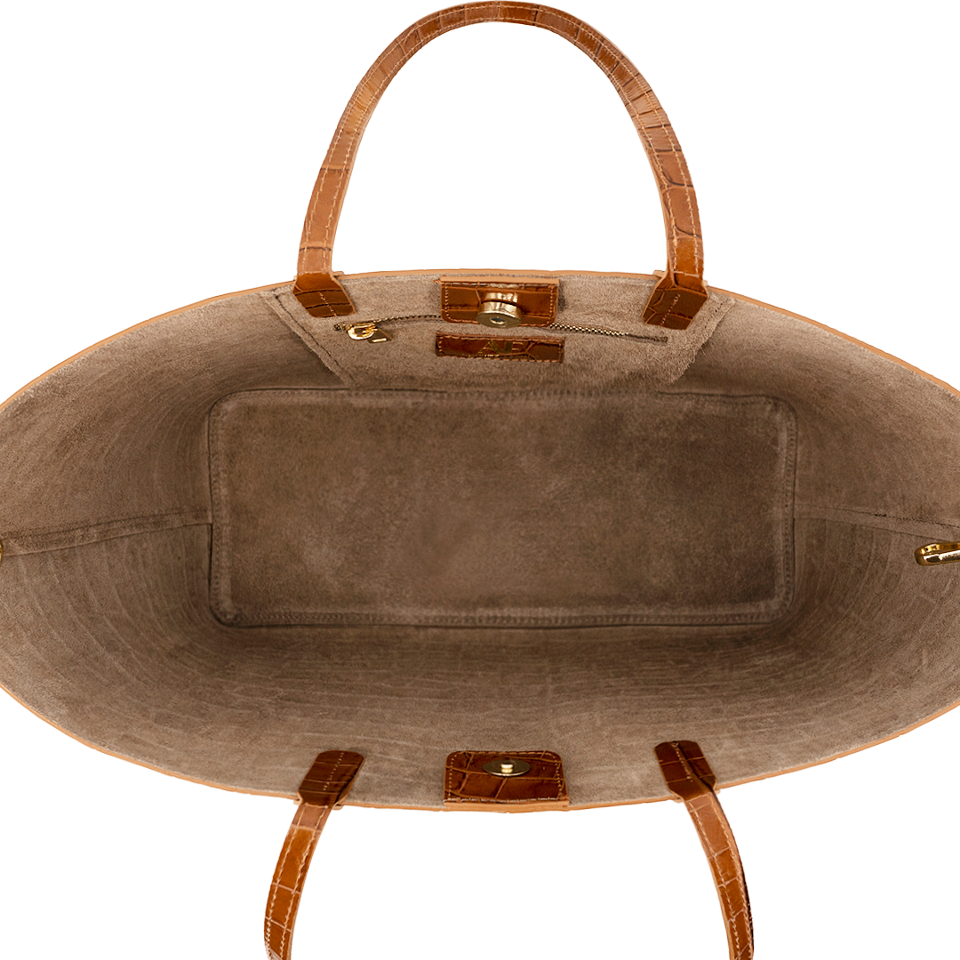 Maxima Croco Tote, laptop tote in camel croc-embossed Italian leather – open, showing the suede-lined interior