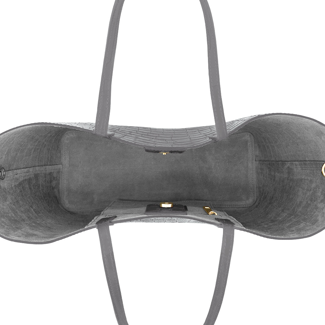 Maxima Croco Tote, laptop tote in grey croc-embossed Italian leather – open, showing the suede-lined interior