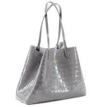 Maxima Croco Tote, laptop tote in grey croc-embossed Italian leather – angled view with the open top