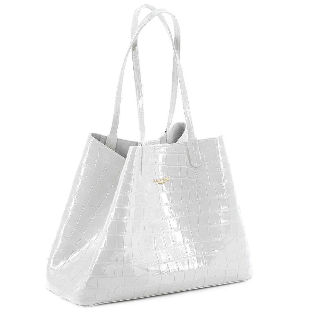 Maxima Croco Tote, laptop tote in white croc-embossed Italian leather – angled view with the open top