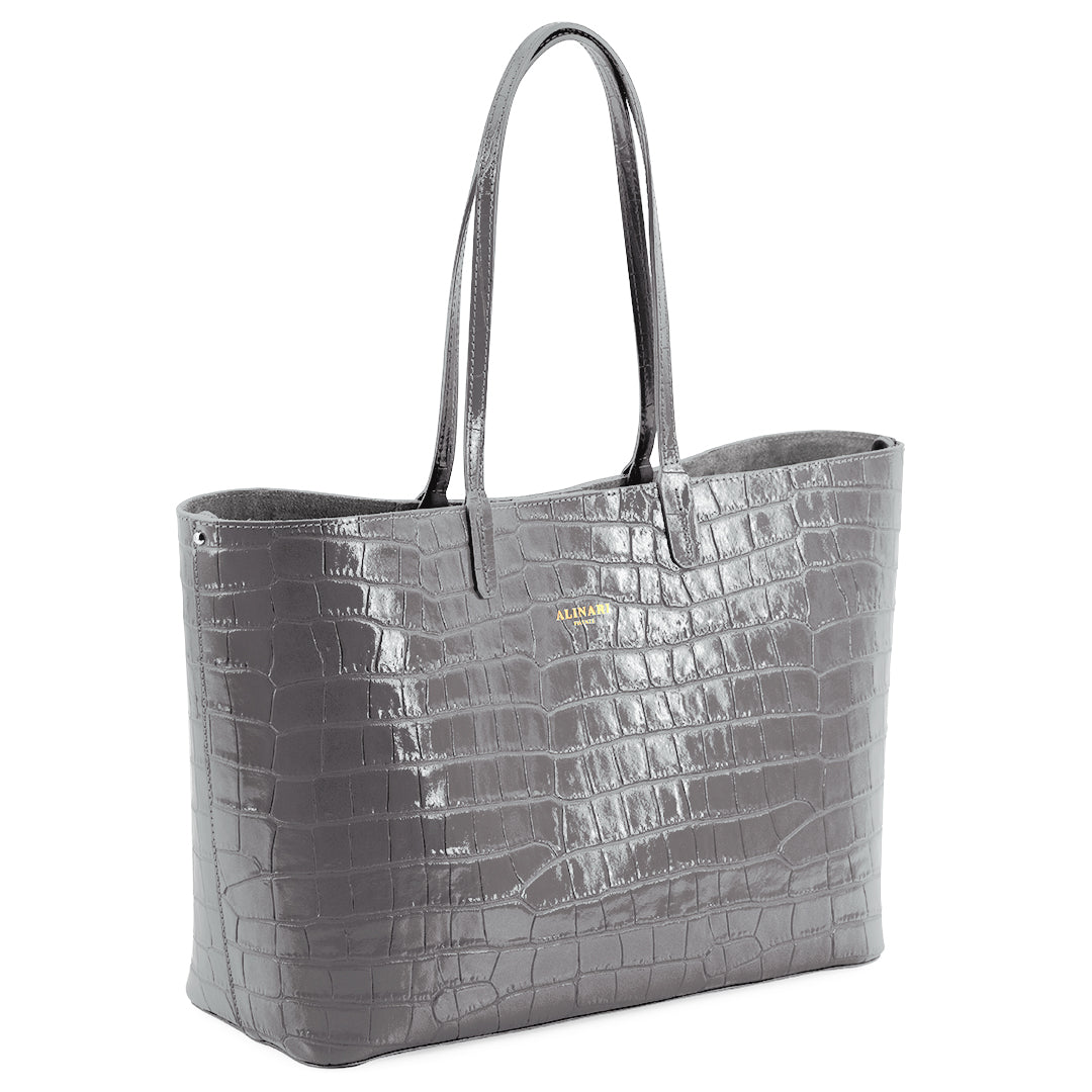 Maxima Croco Tote, laptop tote in grey croc-embossed Italian leather – three-quarter view