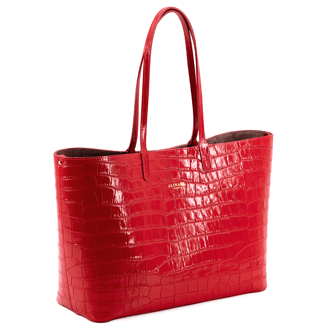 Maxima Croco Tote, laptop tote in red croc-embossed Italian leather – three-quarter view