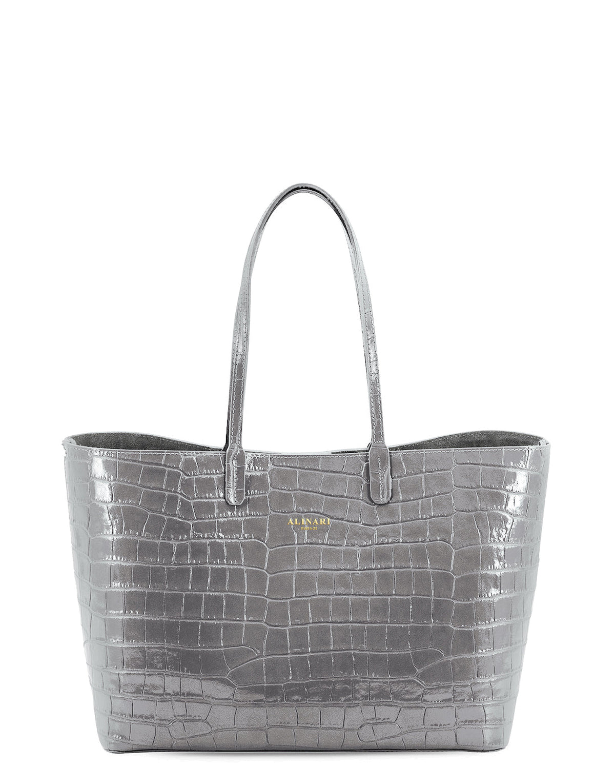 Maxima Croco Tote, laptop tote in grey croc-embossed Italian leather – front view – Made in Italy