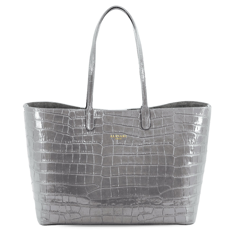 Maxima Croco Tote, laptop tote in grey croc-embossed Italian leather – front view – Made in Italy