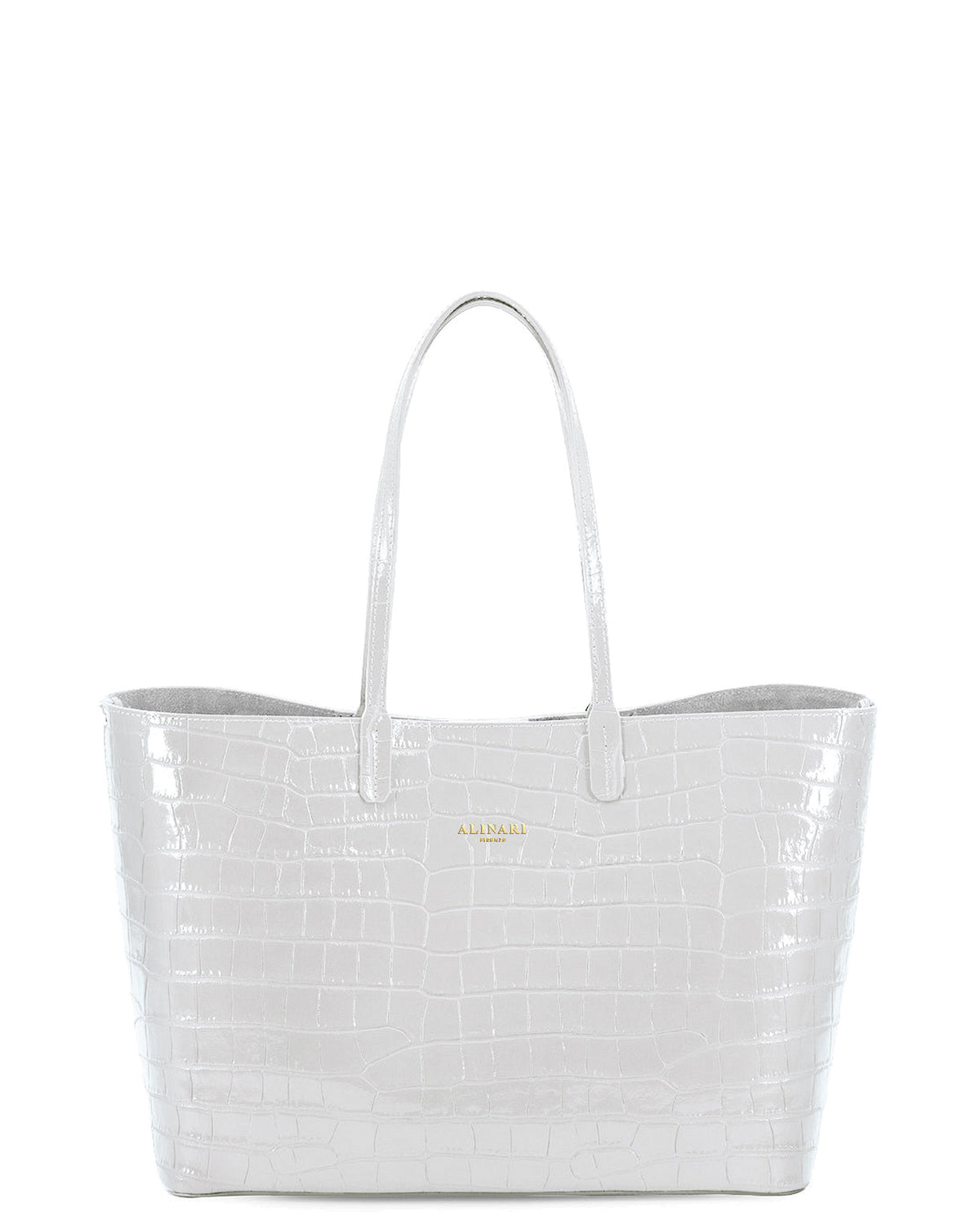 Maxima Croco Tote, laptop tote in white croc-embossed Italian leather – front view – Made in Italy