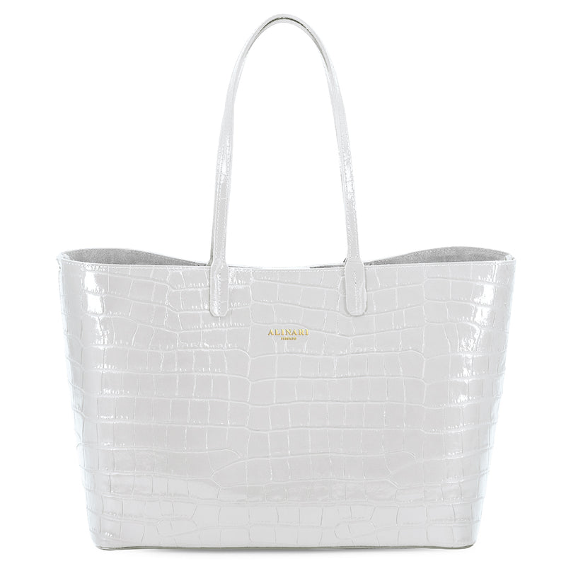Maxima Croco Tote, laptop tote in white croc-embossed Italian leather – front view – Made in Italy