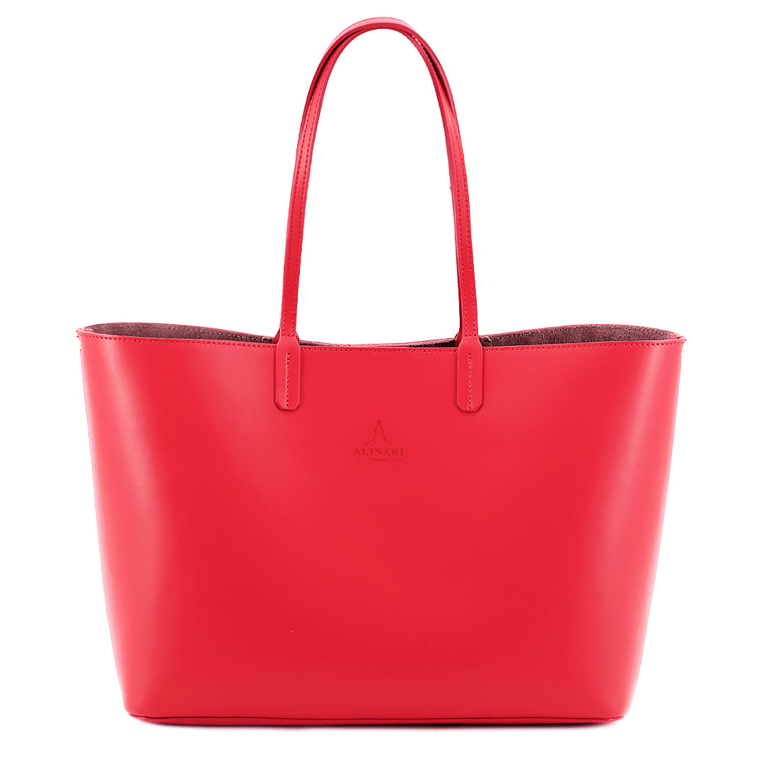Maxima Tote, laptop tote in red smooth Italian leather – front view – Made in Italy