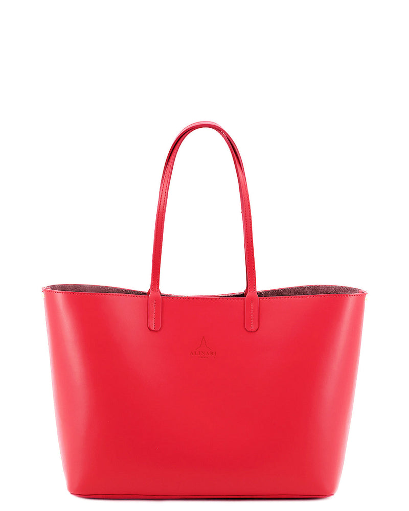 Maxima Tote, laptop tote in red smooth Italian leather – front view – Made in Italy
