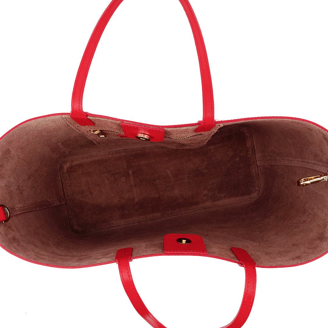 Maxima Tote, laptop tote in red smooth Italian leather – open, showing the suede-lined interior