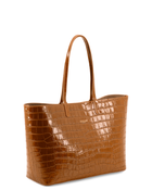 Maxima Croco Tote, laptop tote in camel croc-embossed Italian leather – three-quarter view – Made in Italy