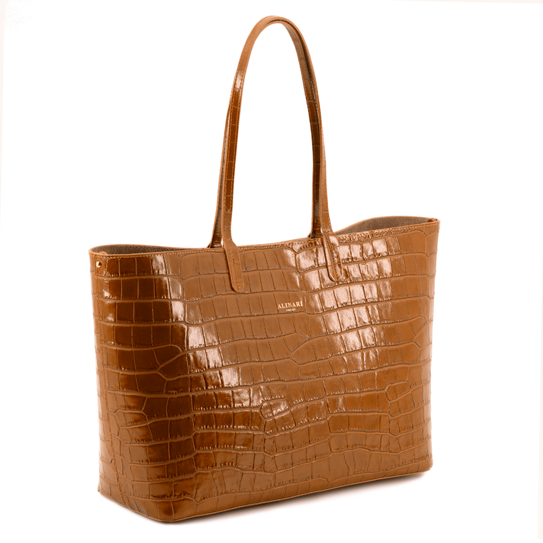 Maxima Croco Tote, laptop tote in camel croc-embossed Italian leather – three-quarter view – Made in Italy