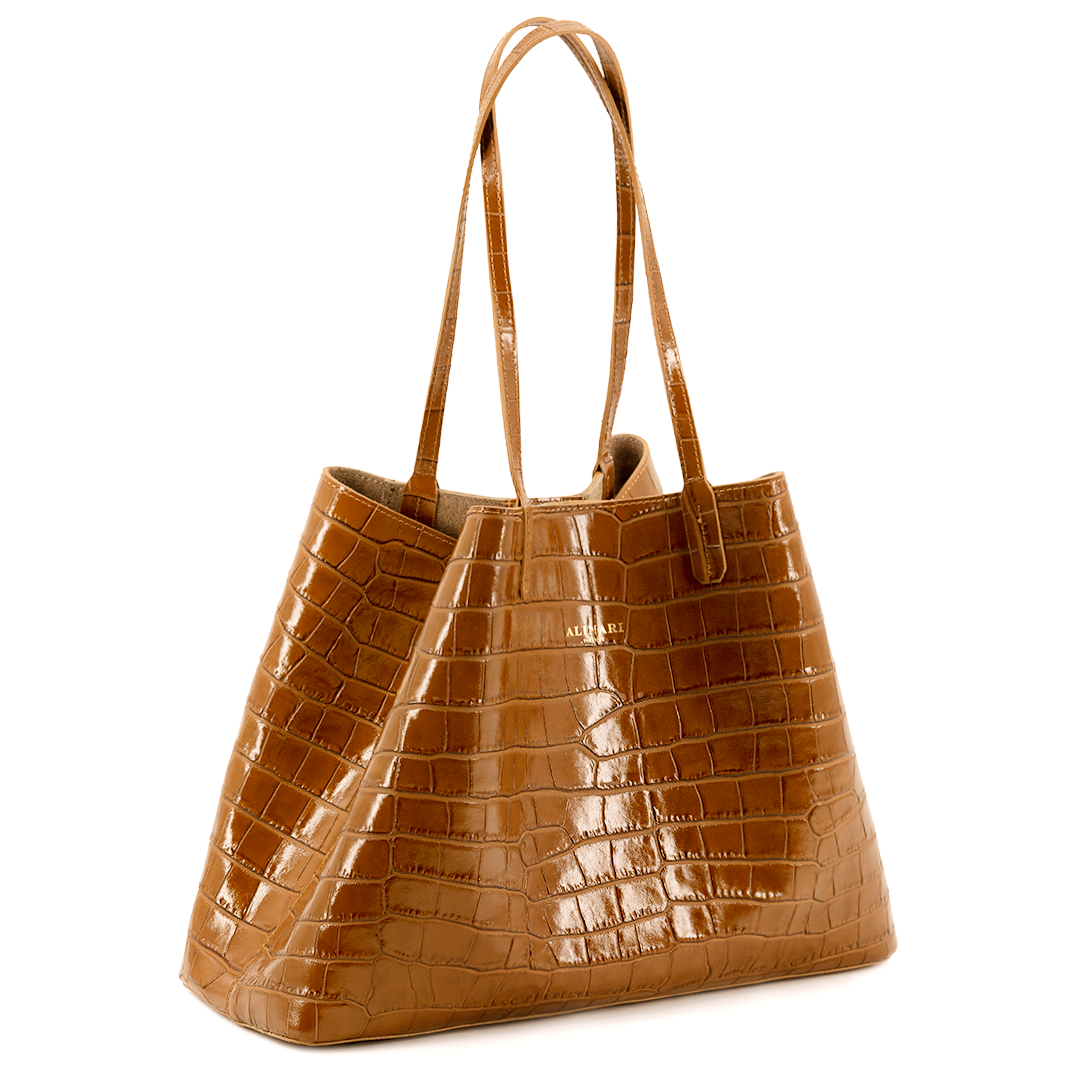Maxima Croco Tote, laptop tote in camel croc-embossed Italian leather – angled view with the open top