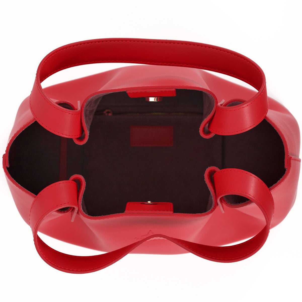 Viviene Tote, slim tote in red Italian Ruga leather – open, showing the suede-lined interior