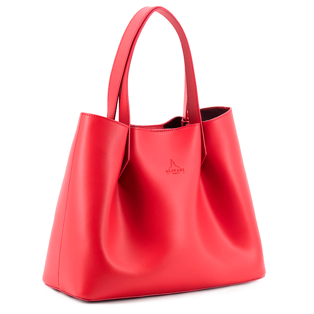 Viviene Tote, slim tote in red Italian Ruga leather – three-quarter view