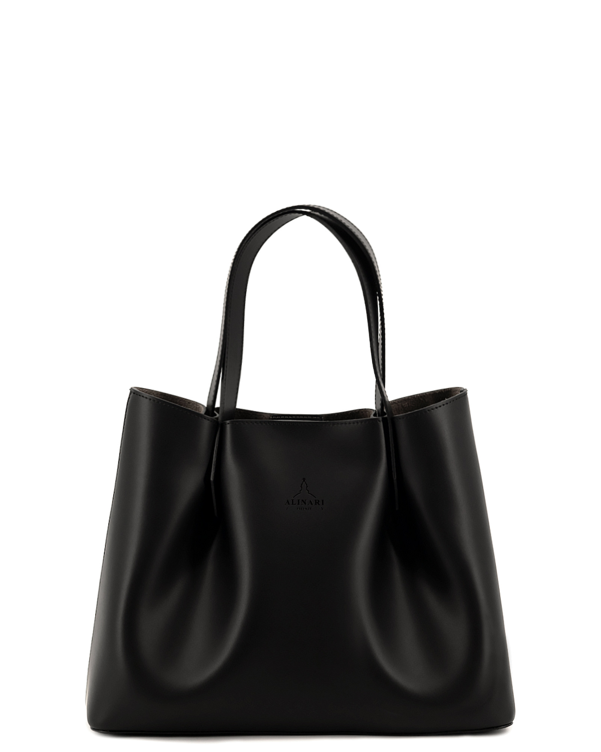 Viviene Tote, slim tote in black Italian Ruga leather – front view – Made in Italy
