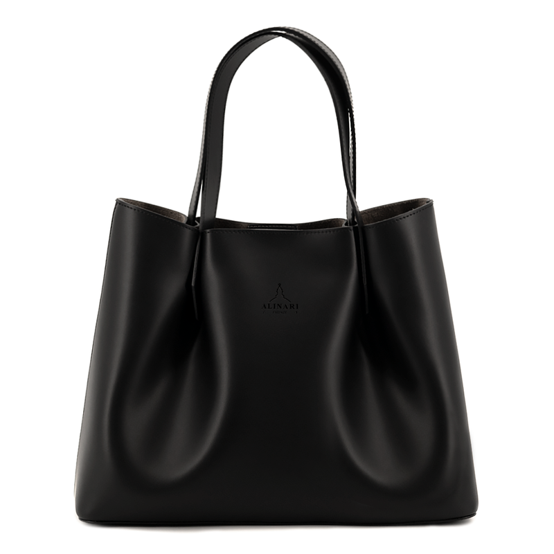 Viviene Tote, slim tote in black Italian Ruga leather – front view – Made in Italy