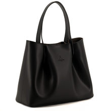 Viviene Tote, slim tote in black Italian Ruga leather – three-quarter view