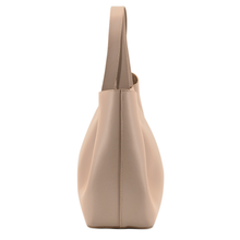 Viviene Tote, slim tote in taupe Italian Ruga leather – side view