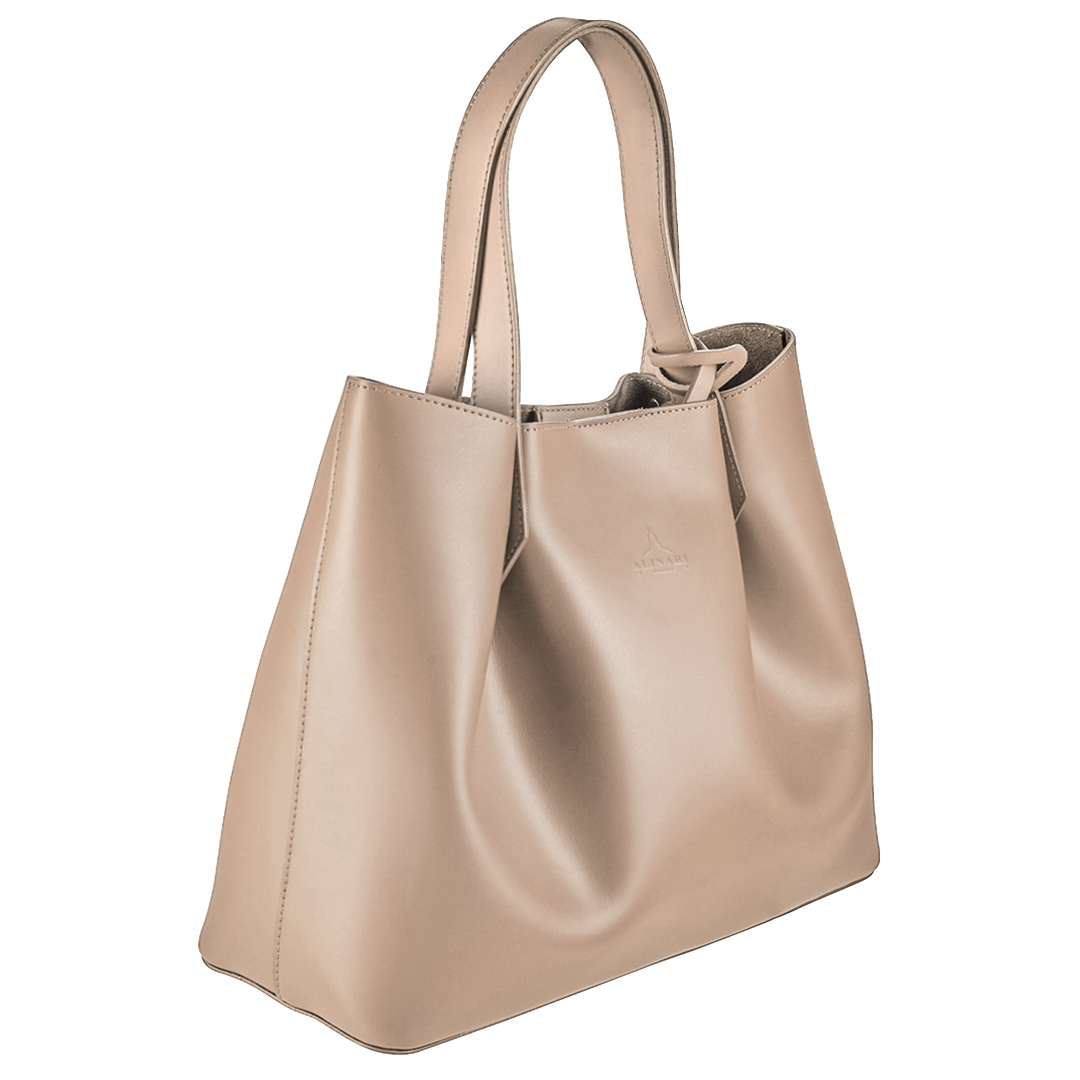 Viviene Tote, slim tote in taupe Italian Ruga leather – three-quarter view