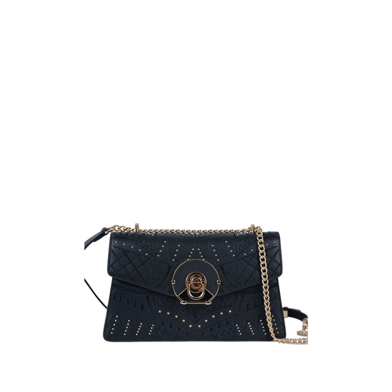 Ela, chain shoulder bag in black studded Italian leather – front view with chain strap – Made in Italy