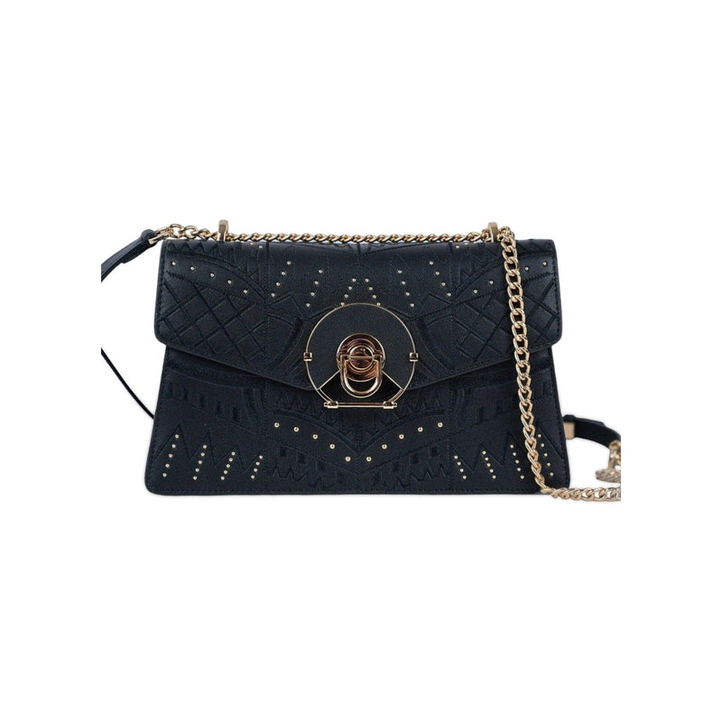 Ela, chain shoulder bag in black studded Italian leather – front view with chain strap – Made in Italy