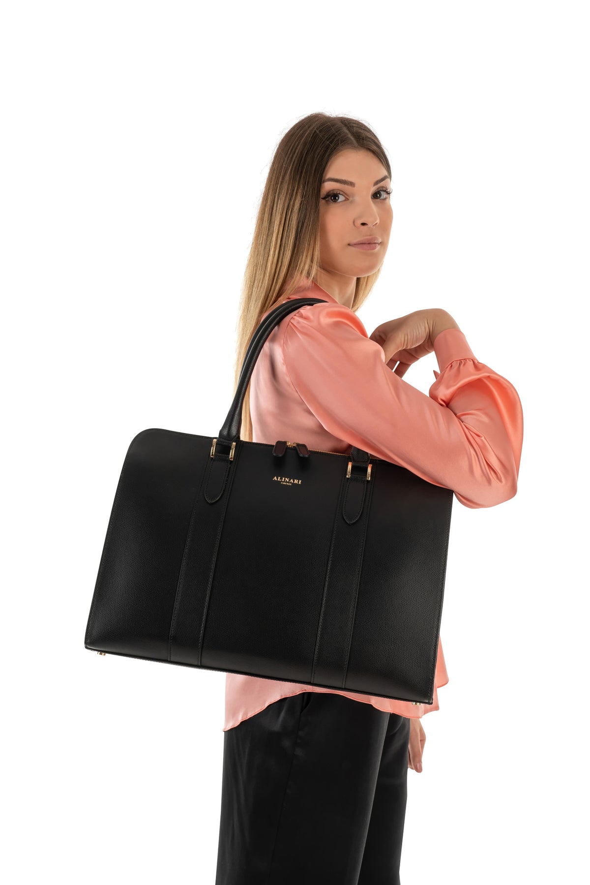 Alinari Tote, work tote in black textured Italian leather – worn on the shoulder, studio photo