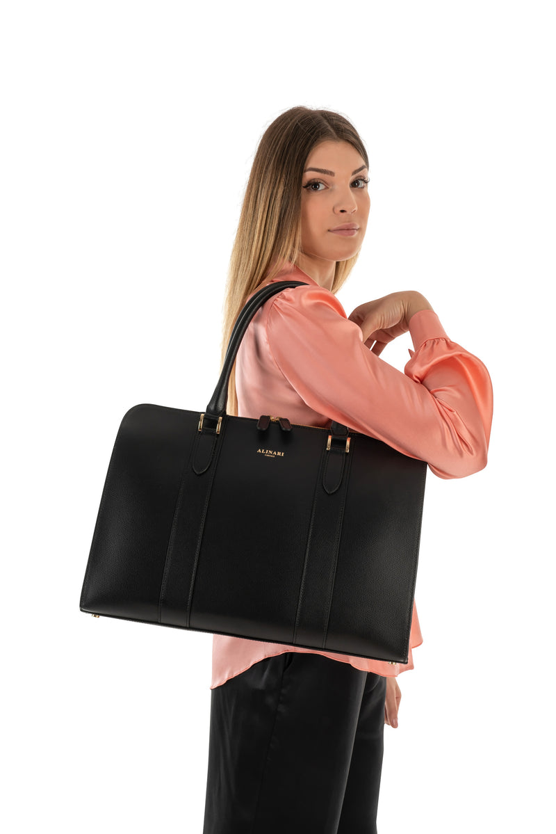 Alinari Tote, work tote in black textured Italian leather – worn on the shoulder, studio photo