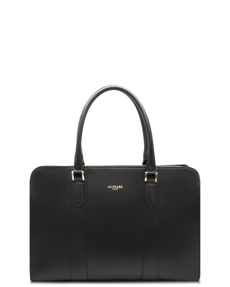 Alinari Tote, work tote in black textured Italian leather – front view – Made in Italy