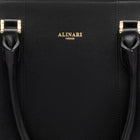 Alinari Tote, work tote in black textured Italian leather – close-up of the logo and hardware