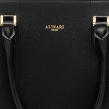 Alinari Tote, work tote in black textured Italian leather – close-up of the logo and hardware