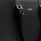 Alinari Tote, work tote in black textured Italian leather – close-up of the logo and hardware