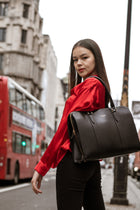 Alinari Tote, work tote in black textured Italian leather – worn on the shoulder