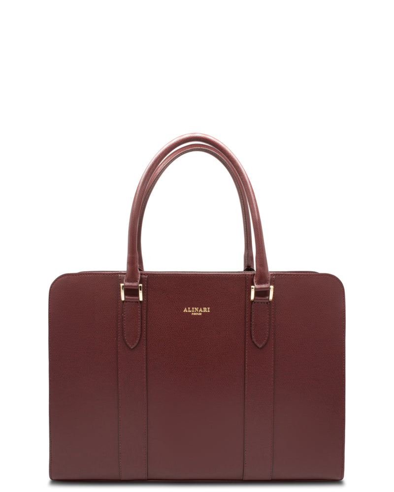 Alinari Tote, work tote in burgundy textured Italian leather – front view – Made in Italy