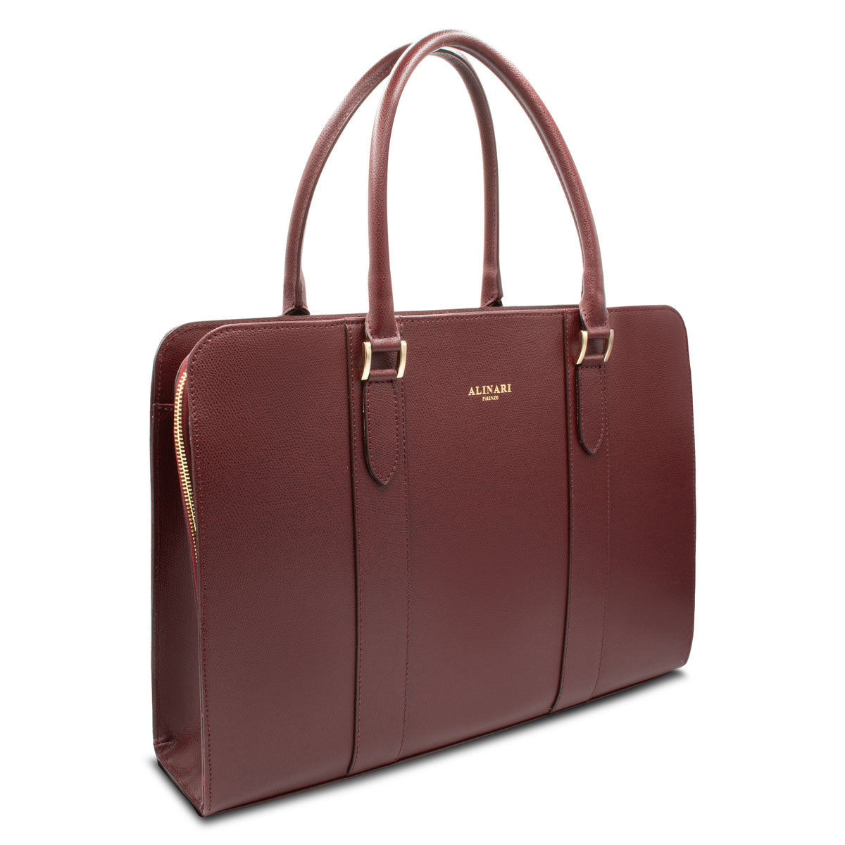 Alinari Tote, work tote in burgundy textured Italian leather – three-quarter view