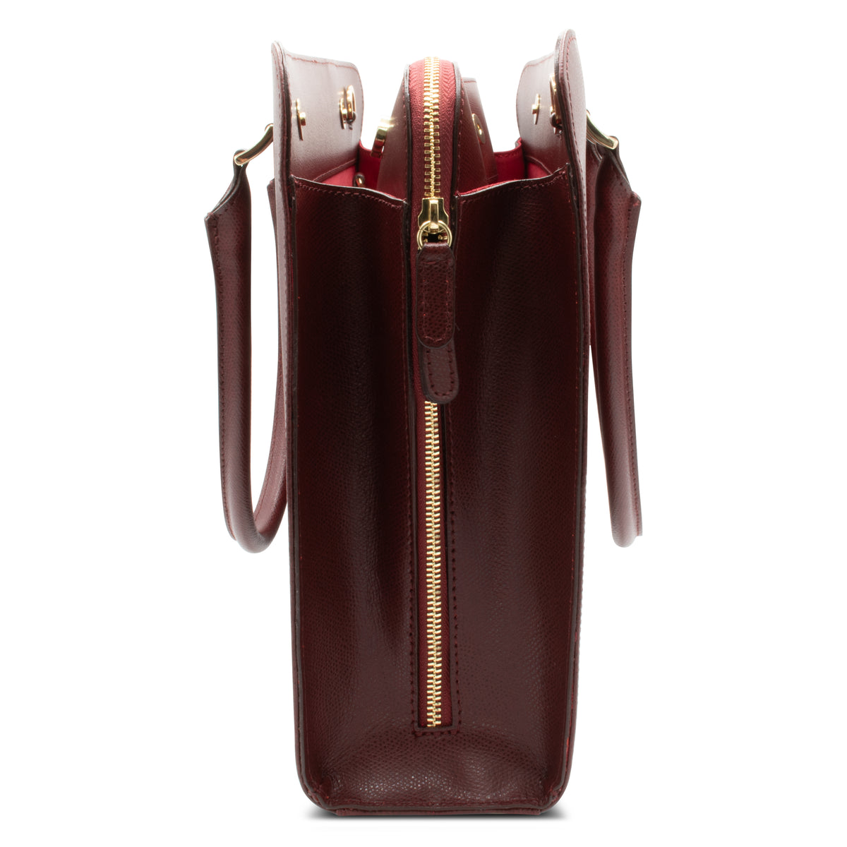 Alinari Tote, work tote in burgundy textured Italian leather – side view