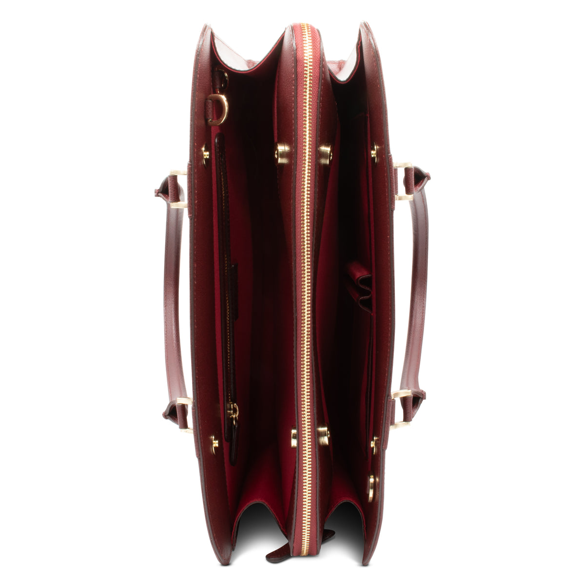 Alinari Tote, work tote in burgundy textured Italian leather – open, showing the interior